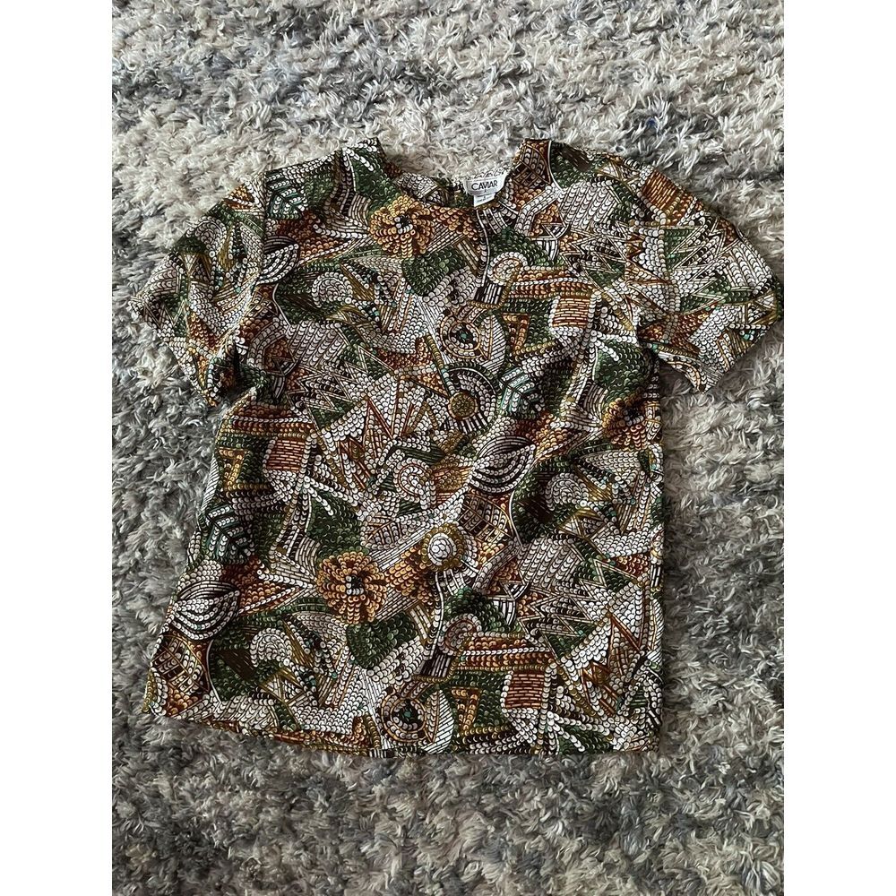 Deadstock Vintage 1980s Blouse Size S Caviar Short Sleeve Geometric Floral